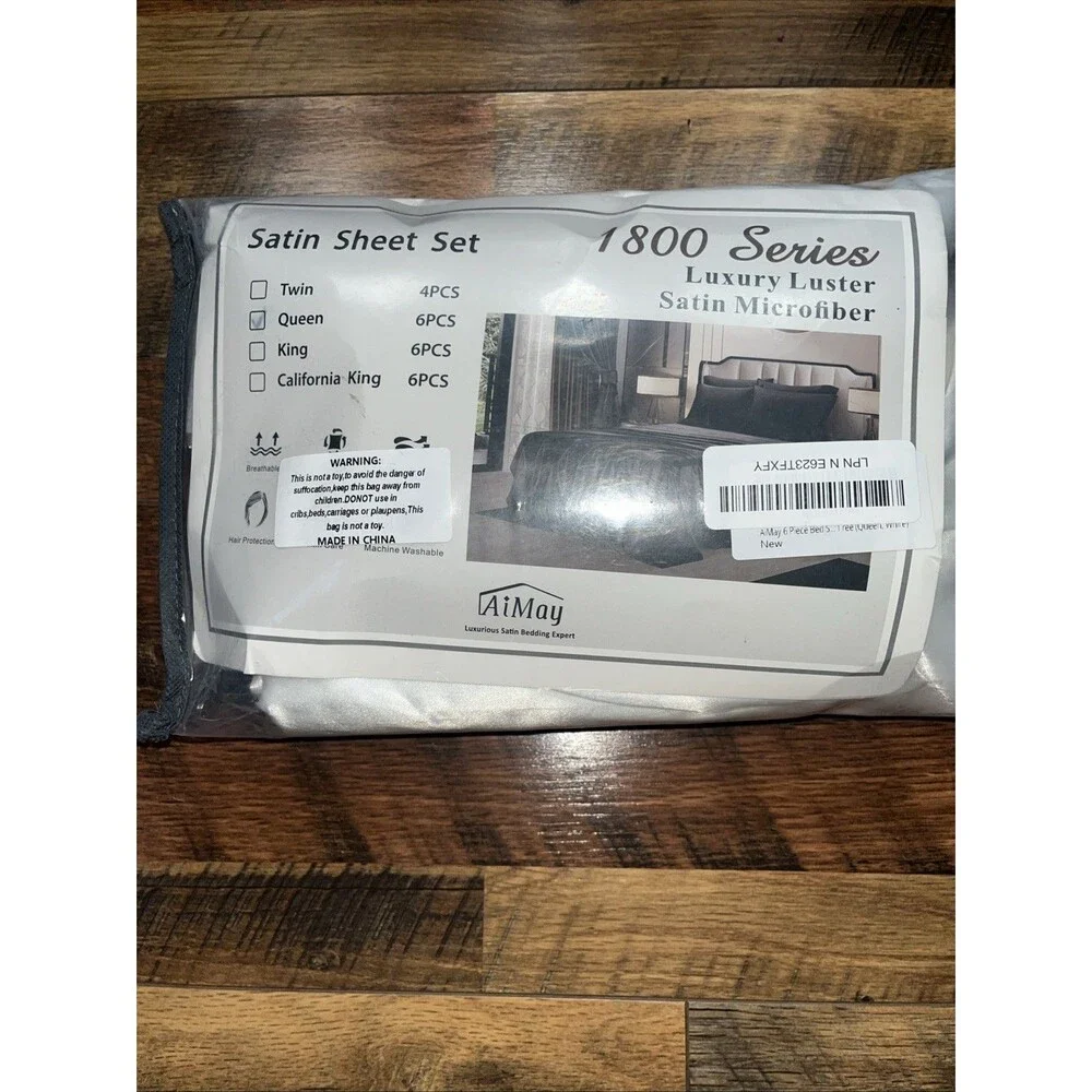 AiMay 6 Piece Satin Bedding Sheet Set Queen Off White Deep Pocket
